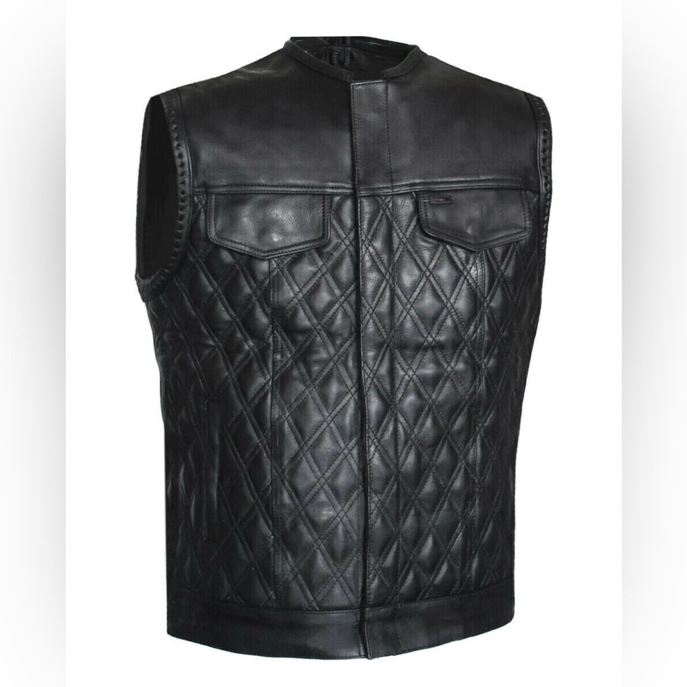 MEN PADDED HUNT CLUB STYLE BLACK STITCHED MOTORCYCLE CONCEAL CARRY LEATHER VEST